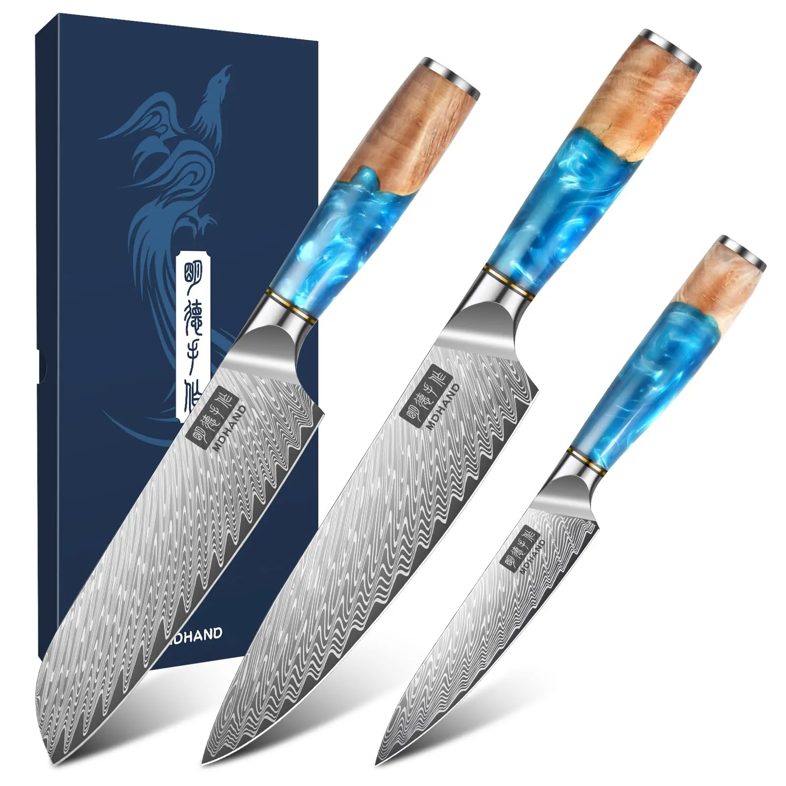 MDHAND Damascus Kitchen Knife Set 3PCS, Japanese VG10 Super Steel Core Professional Chef Knife Set, Ultra Sharp Professional Chef Knives with Azure Timber Collection Handle, Gifts for Men Women#DealsForYouDays