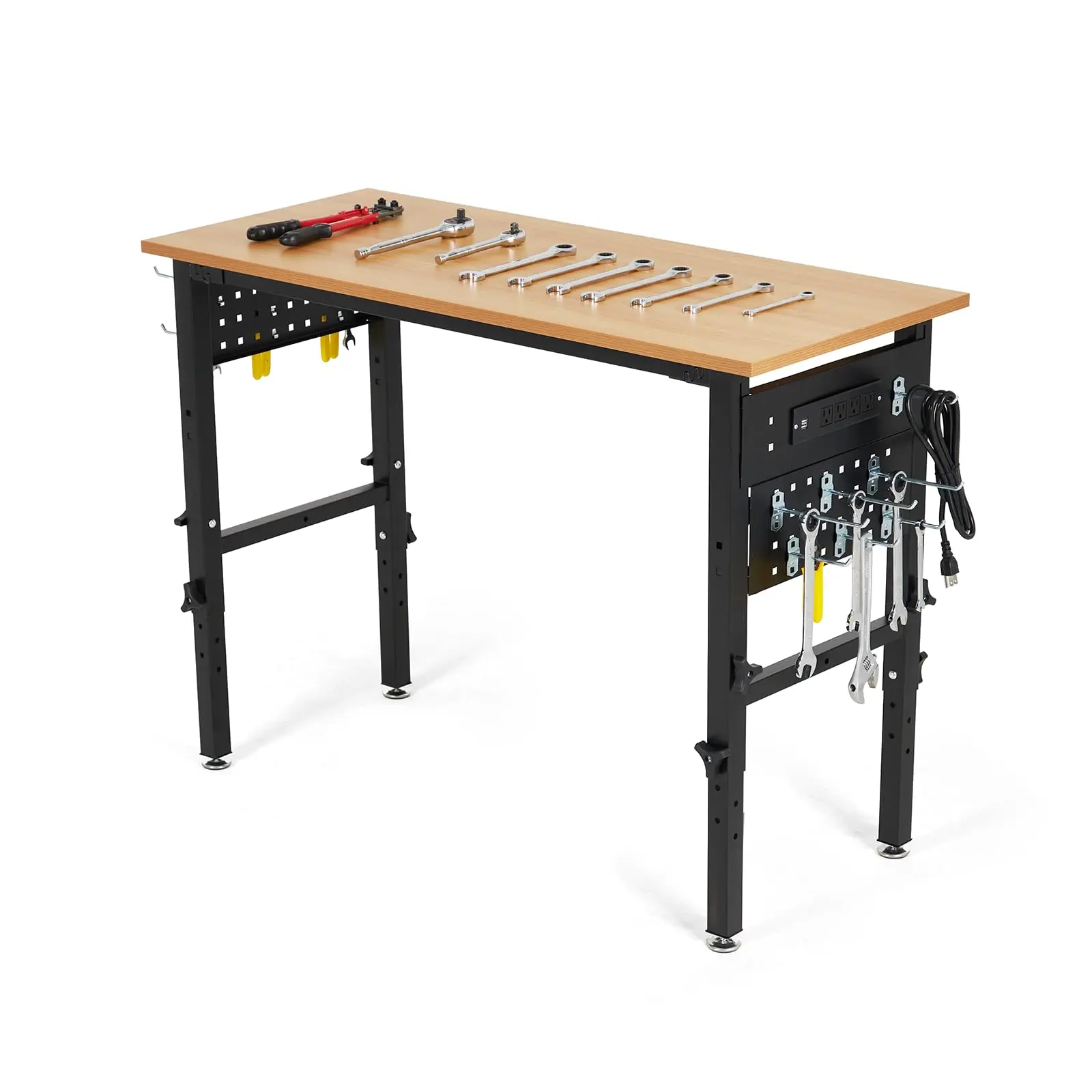 48 Inch Height Adjustable Standing Workbench, Heavy-Duty Steel Frame Sit-Stand Desk with Pegboard Storage, Built-in Power Strip & Solid Wood Top for Garage Workshop Home Office