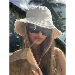 1pc Women's Drawstring Trim Bucket Hat, Adjustable Chin Strap Design, Distressed Finish, Soft Fabric, Sun Protection, Windproof, Fashionable, Suitable For Travel, Beach, Vacation, Casual Daily Use, Sunscreen Hat