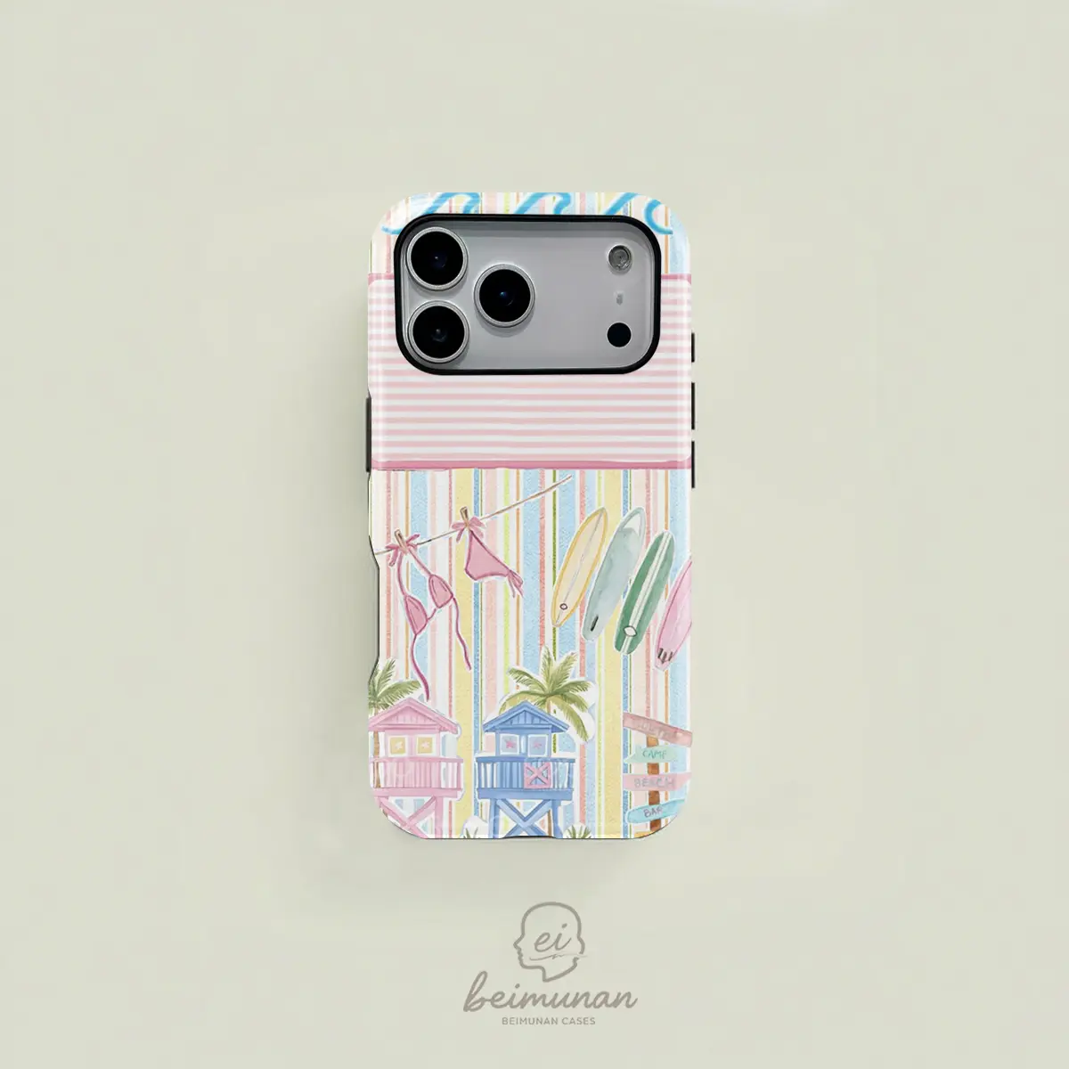 Cute pink and white striped watercolor-style beach hut and surfboard pattern phone case. Durable 2-in-1 protective case, MagSafe compatible, suitable for iPhone 17/16/15/14/13/12/11 Pro Max/Plus/Pro. Simple and stylish phone case, perfect for holiday gift