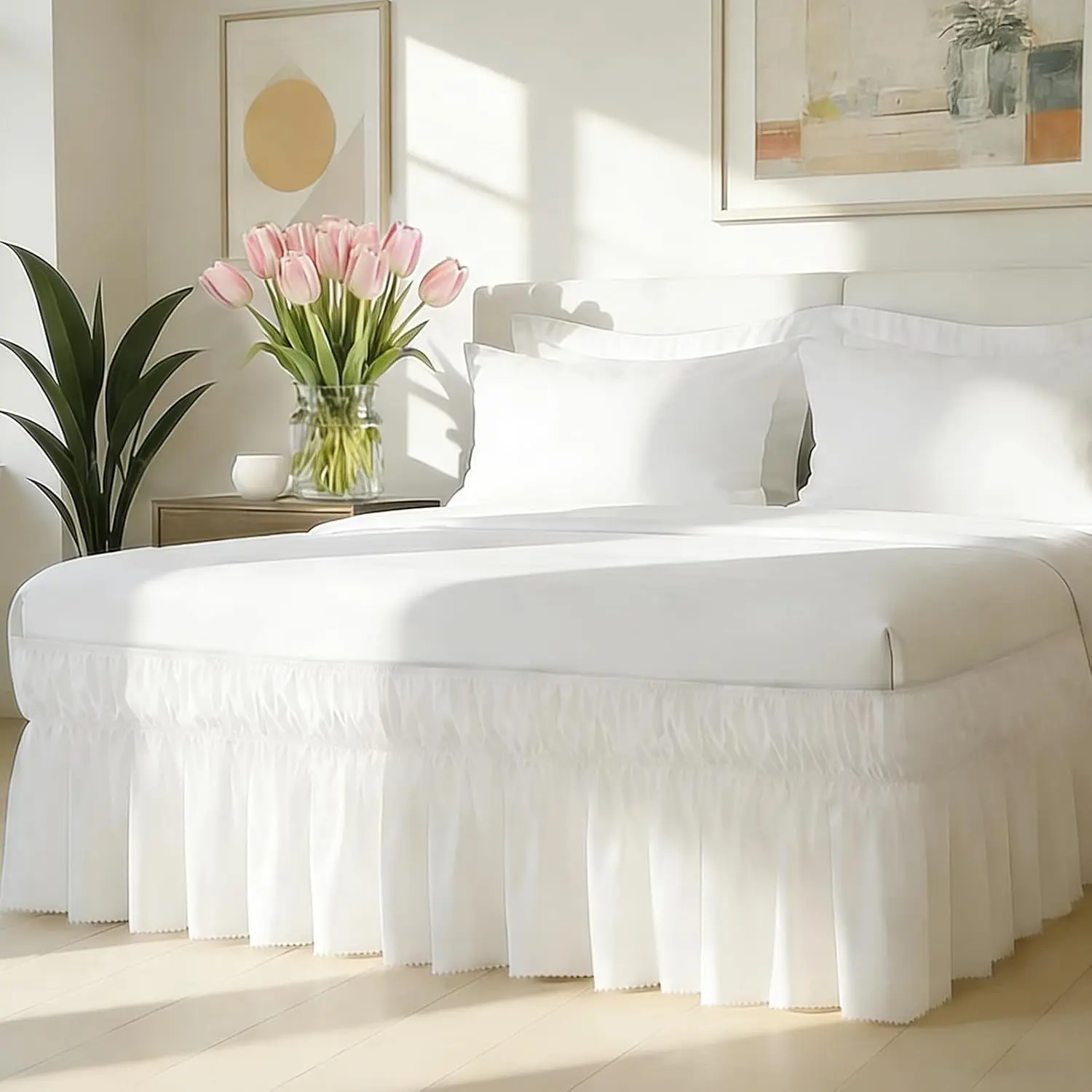 Queen Bed Skirt with Elastic Strap, Ruffle Bed Skirting Queen Size 16" Drop| Wrap Around Skirts Easy to Install on Bed Base & Frame, Wrinkle-free, Machine Washable, Scalloped Edge, White
