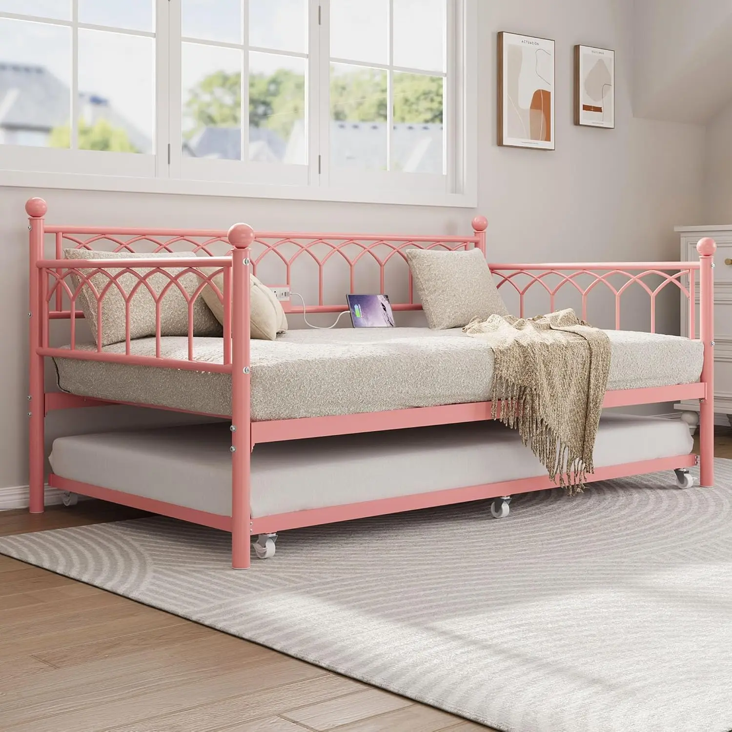 Twin Size Rectangular Contemporary Metal Roll-Out Daybed Trundle Sofa Bed Frame - With Wheels, Slat Support, Built-in Charging Station, LED Lights, Space-Saving for Living Room, Bedroom Bedframe