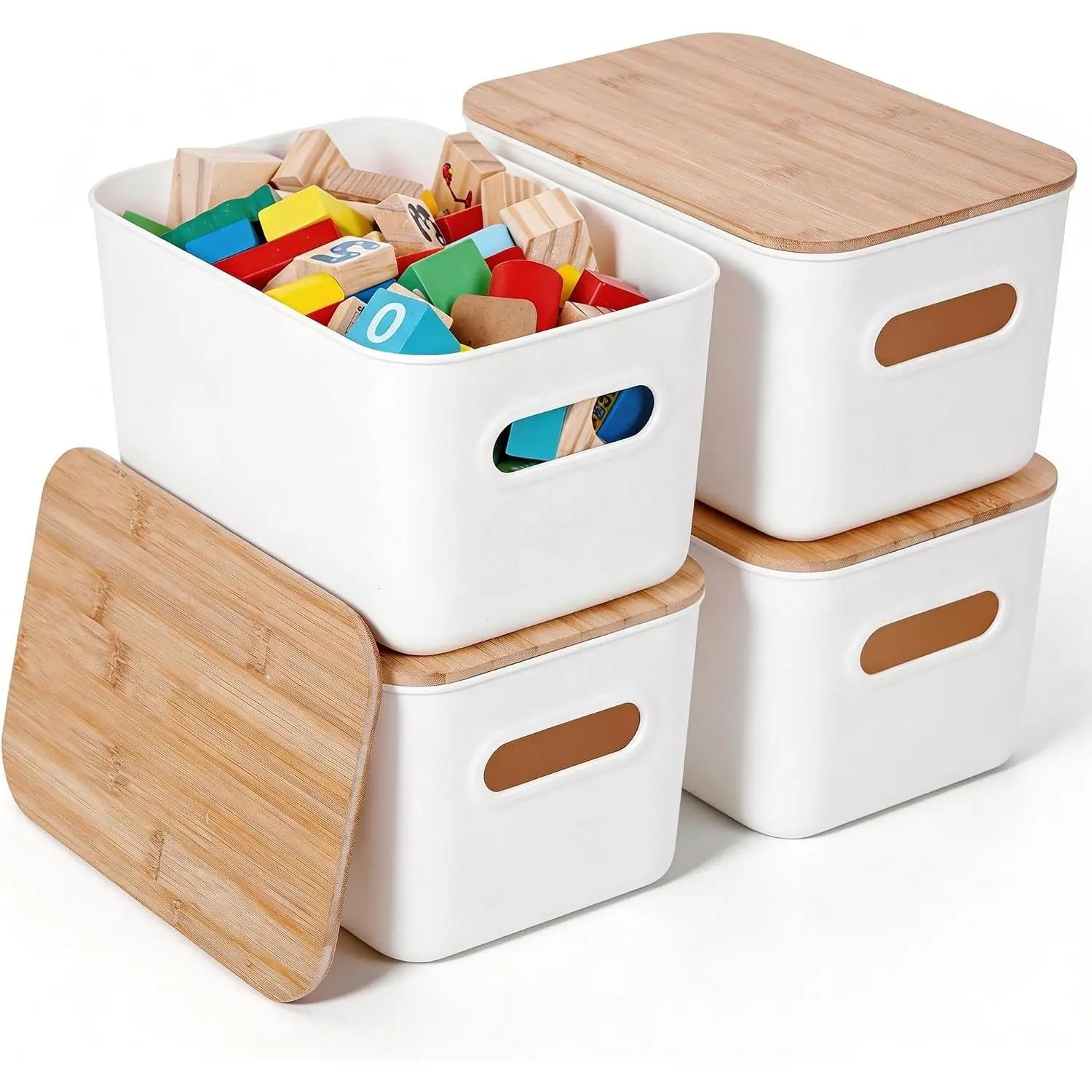 Storage Bins with Bamboo Lids 7QT Plastic Storage Containers Stackable Organizer Boxes with Handle for Desk Snacks, Toys, 4 PCS, 10" L x 7" W x 5.8" H