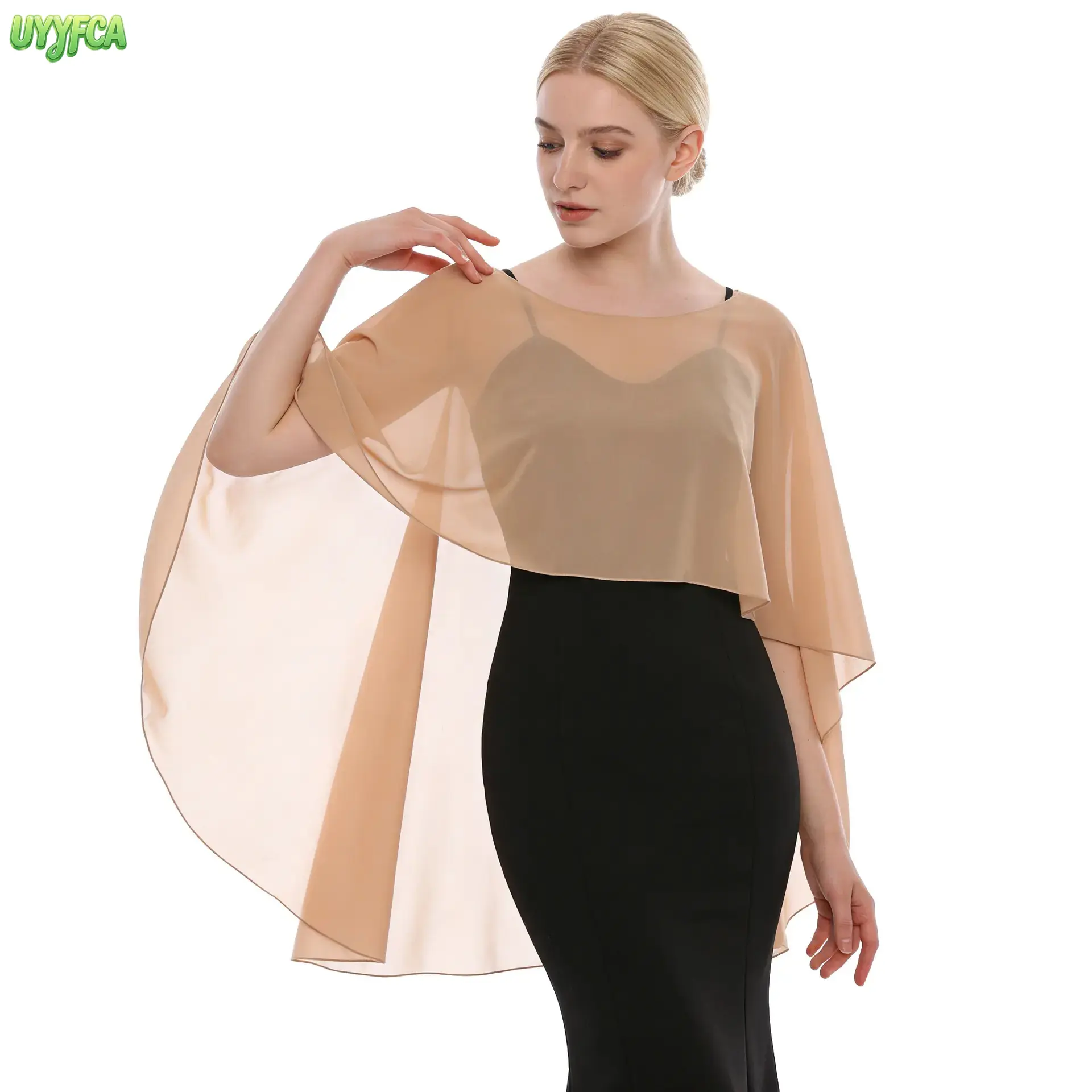 Women Sheer Chiffon Flowy Cape Shawl Poncho, Loose Boat Neck Sheer Cover Up Cloak, Lightweight Breathable Sunscreen Wrap, Solid Color Long Tail Asymmetrical Chiffon Outerwear For Evening Gown, Wedding, Beach, Summer Daily Casual Layering