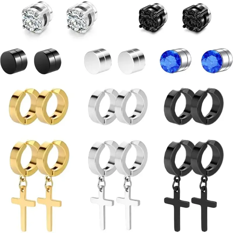11 Pairs Magnetic Earrings Set for Men & Women, Hypoallergenic Stainless Steel Non-Piercing Clip-On Hoops, Cuffs & Crosses Fashion Jewelry, Earring Set, Earcuff, Men's Earrings