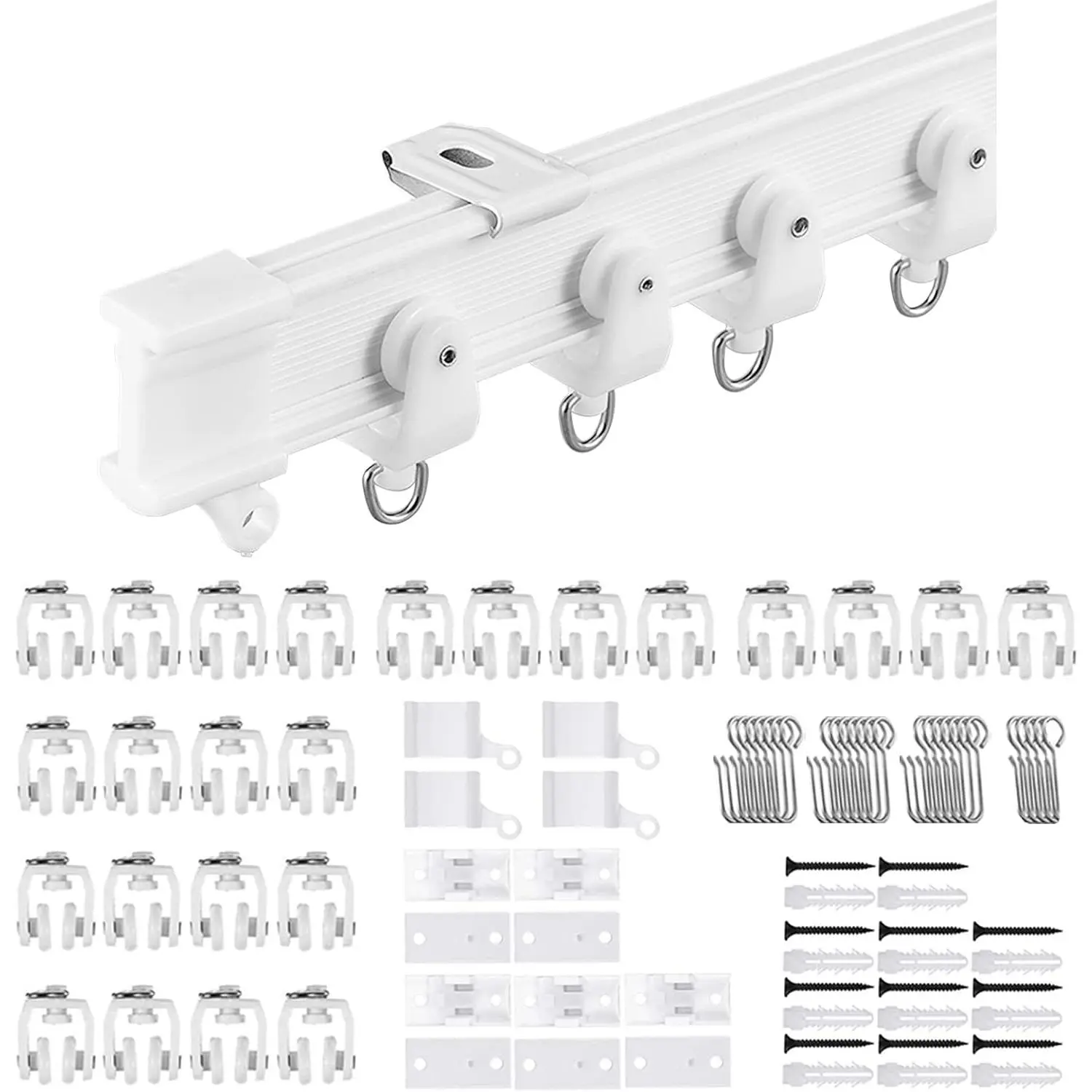 Metal-PVC Flexible Adjustable Curtain Rod - 9.8ft (3m) Quiet Mute Roller Curved Ceiling Mounted Track, Bendable Any-Shape, 26 Hooks Incl, 3-Step DIY Setup for Pet-Friendly Bathroom, Room Divider Use
