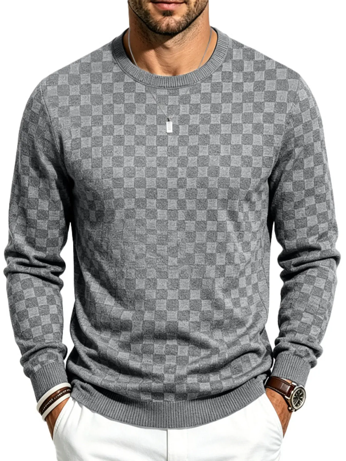 Men's Checkerboard Knit Sweater, Round Neck Long Sleeve, Soft Fabric, Slim Fit, Casual Business Wear, Spring & Fall Outerwear, Winter Layering