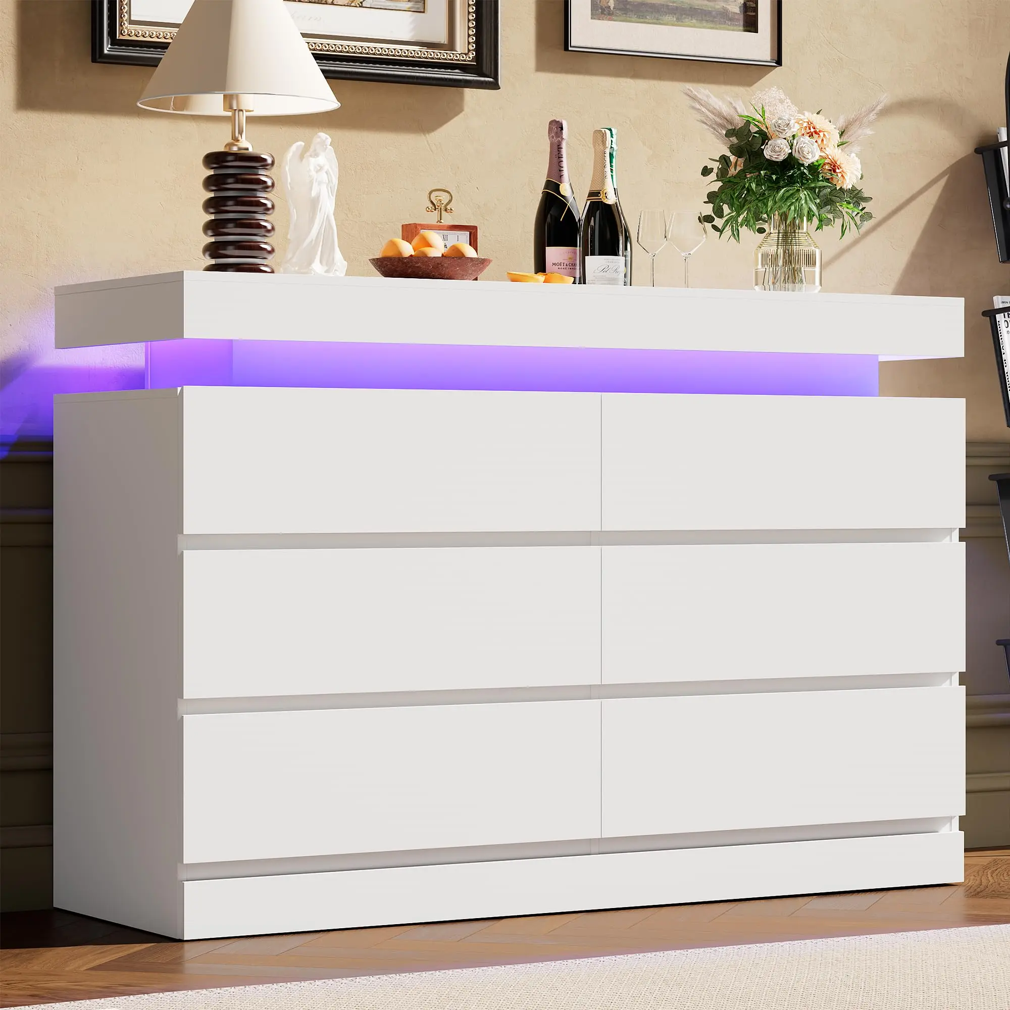 6 Drawer Dresser for Bedroom – 47" Wide Chest of Drawers with LED Light and Charging Station, Large TV Stand Multi-Function Home Organizer for Living Room, Entryway, Hallway