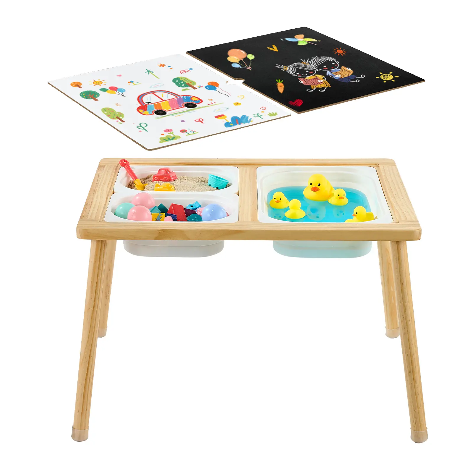 Sensory Table for Toddlers, Wooden Kids Activity Table with Reversible Double-Sided Board, Storage Bins, and Non-Slip Feet, for Boys and Girls Playing Sand and Water, Drawing, Studying, Dining