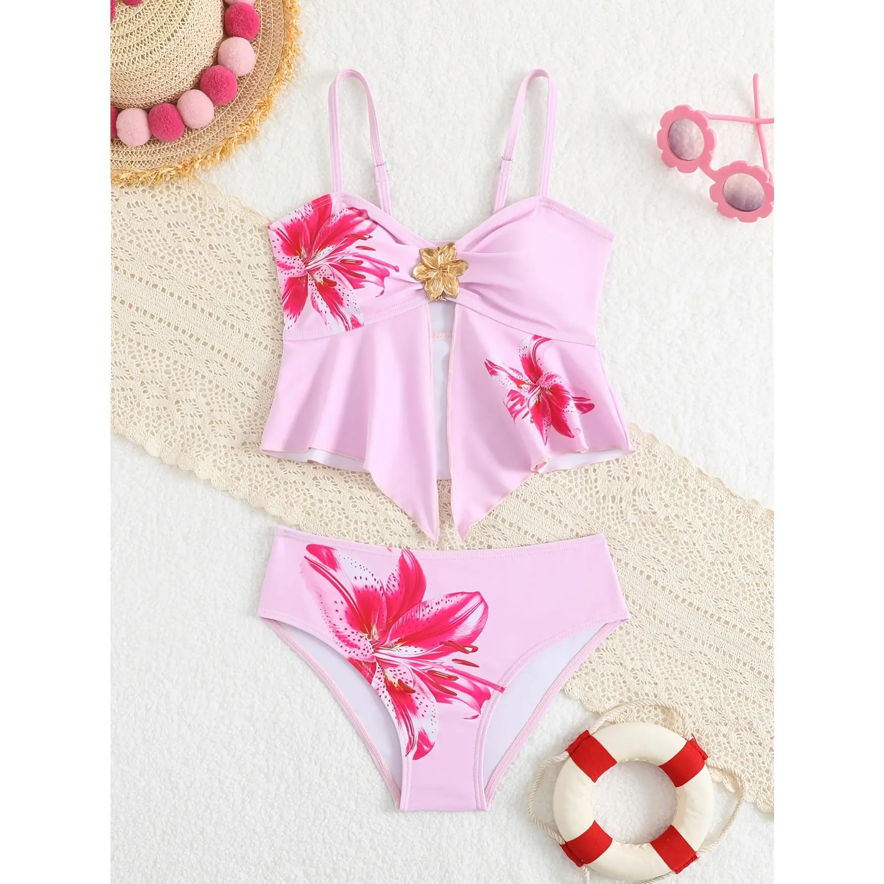 Girls' Medium-Large Adjustable Straps 2-Pieces Floral Print Thin-Strap Tankini Set, Kids' Swimwear for Vacation, Beach, Two-Pieces