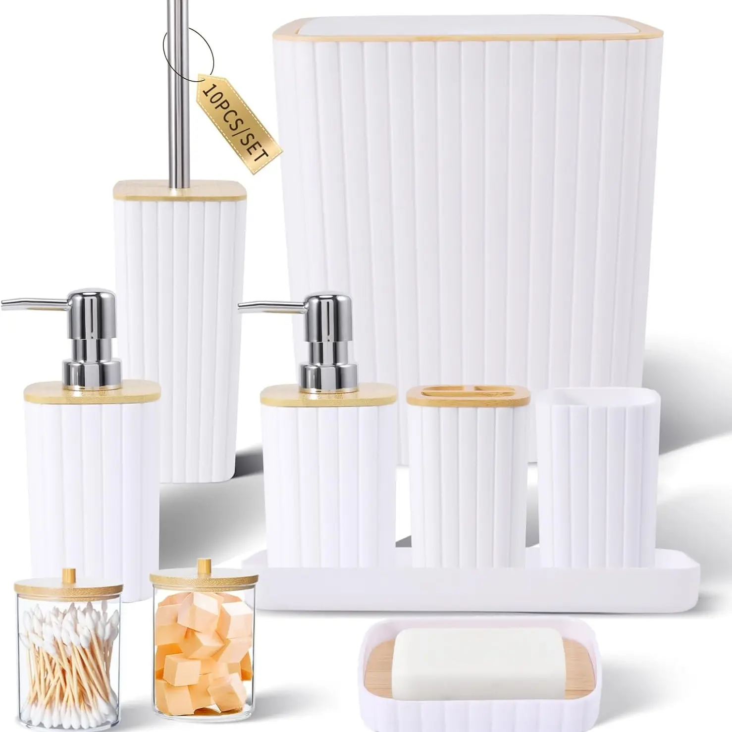10 Piece Vertical Stripe Bathroom Set, Bohemian Bamboo Storage Kit, Essential for Guest Rooms, Apartments, Dorms, Bathroom Accessory Set, Bathroom Accessories Set