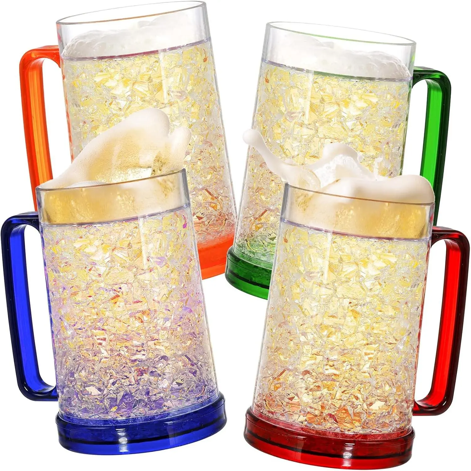 Double Wall Gel Freezer Beer Mugs, 4 Pack - Frosty Plastic Beer Mugs with Handles, 16oz Party Cups Gift Set (Blue, Red, Orange, Green)