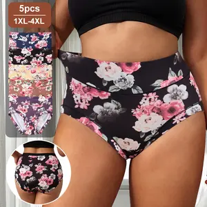 QUASTI Women's 5 Pack High Waisted Seamless Plus Size Panties, Lightweight Smooth Printed Soft Breathable No Show Underwear, Summer Briefs with Multicolor Print, Full Coverage Daily Wear, 1XL-4XL