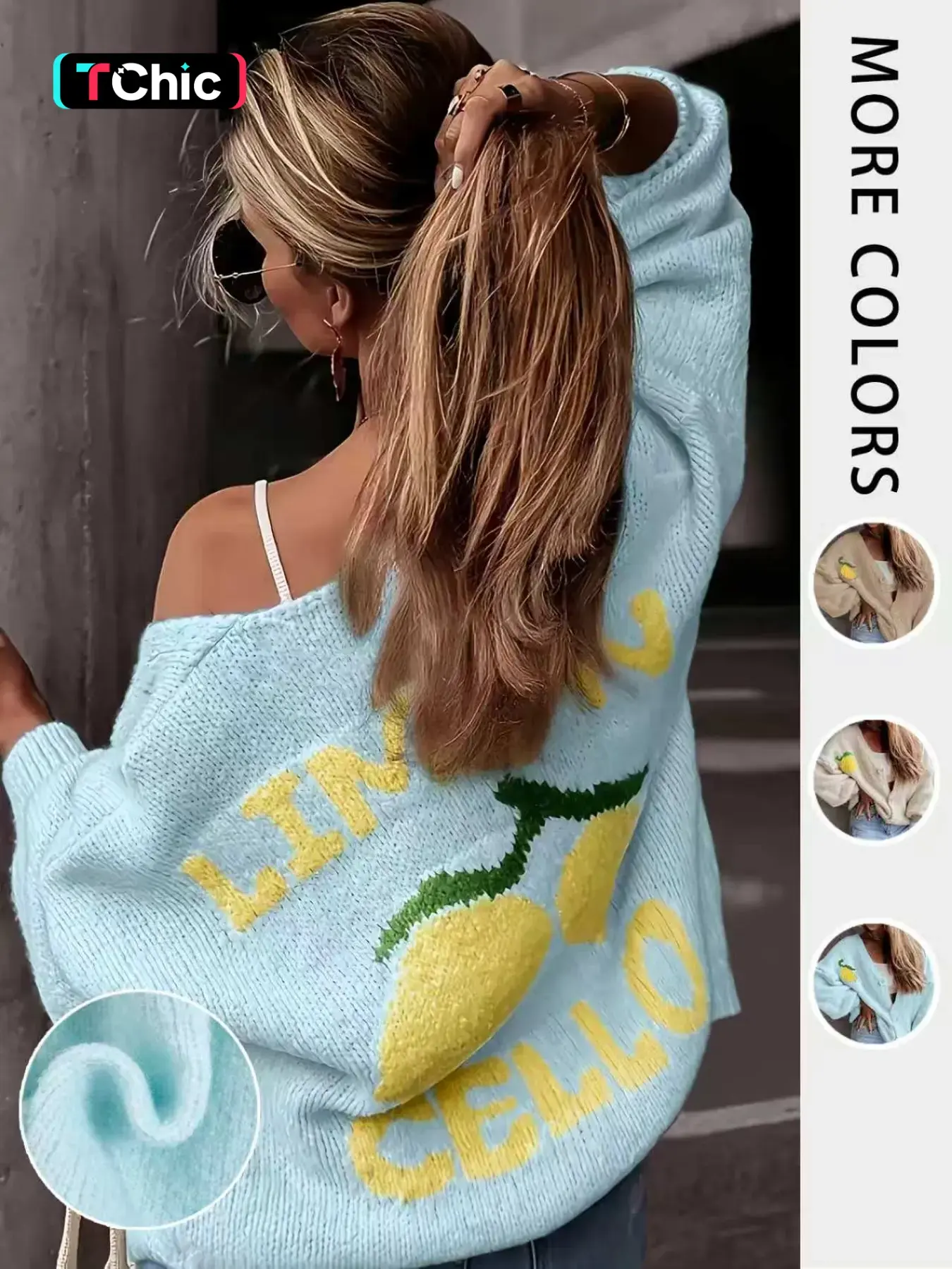Women's Cute Lemon Pattern Loose Oversized Knit Cardigan, Knitwear Long Sleeve V Neck Front Button Sweater Coat, Vintage Y2K Casual Sweet Fashion Tops