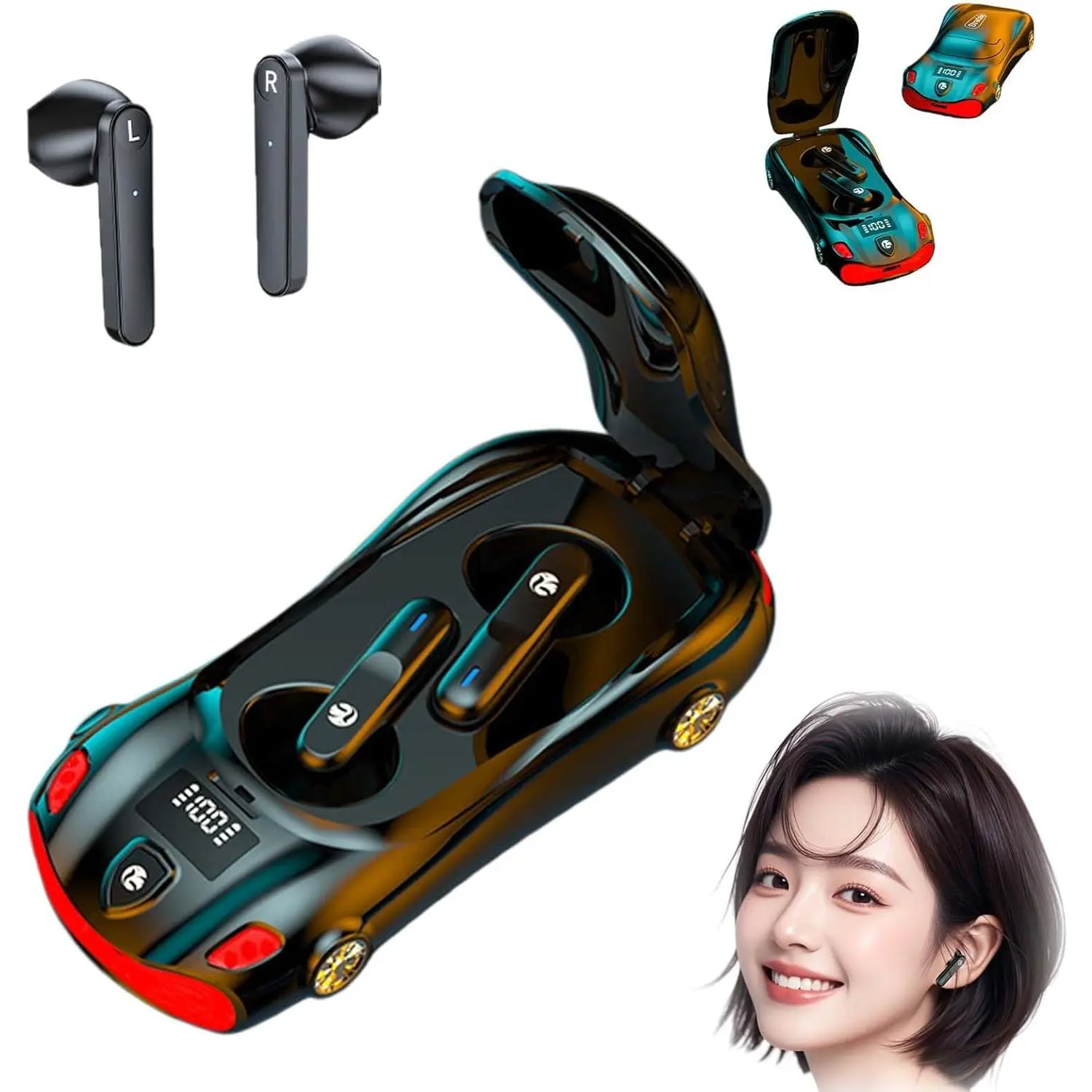 Creative Sports Car Design Bluetooth Earphones, Immersive Hi-Fi Stereo Sound, Wireless Headsets with LED Power Display, Immersive Hi-Fi Stereo Sound, Clear Calls (Sports Car Style)