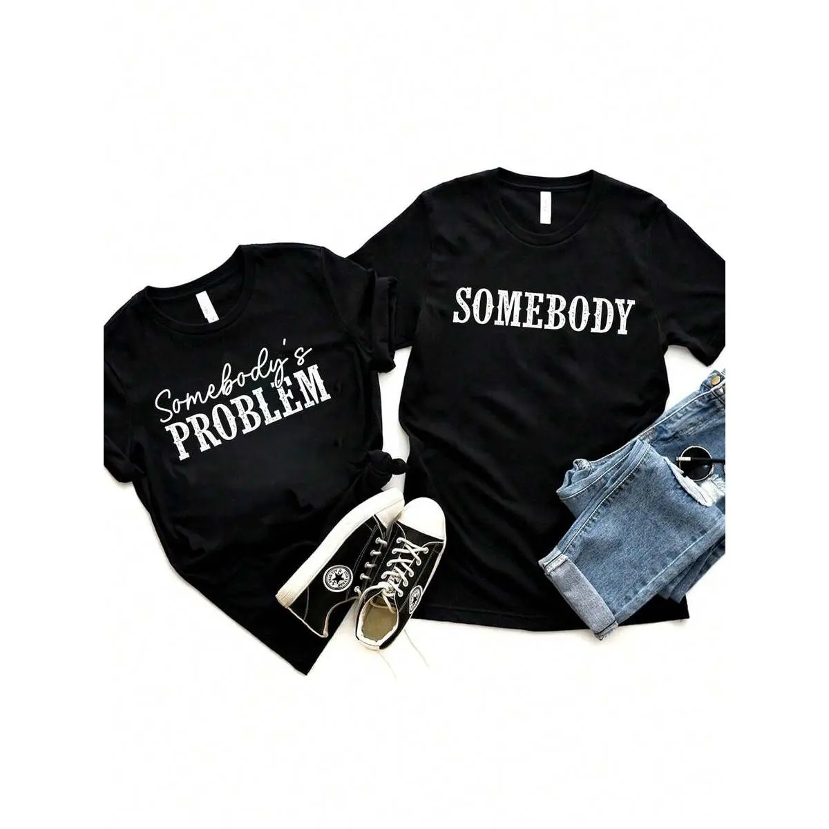 Couples 'Somebody's Problem' Graphic Tee, 100% Breathable Cotton Crew Neck T-Shirt for Matching BF and GF, Funny GF Gift, Womens Gifts,back to school,back to school shopping, Cargo, Round Neck