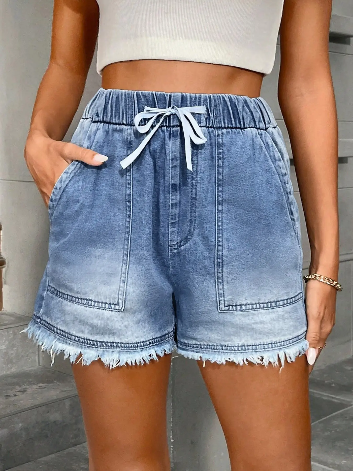 Women's Light Blue Washed Denim Shorts, Bottoms, Adjustable Elasticated Drawstring Waistband, Relaxed Fit, Frayed Raw Hem with Whisker Detail, Front Patch Pockets, High-stretch Breathable Fabric, Summer, Daily Outings, Beach Vacation & Music Festivals