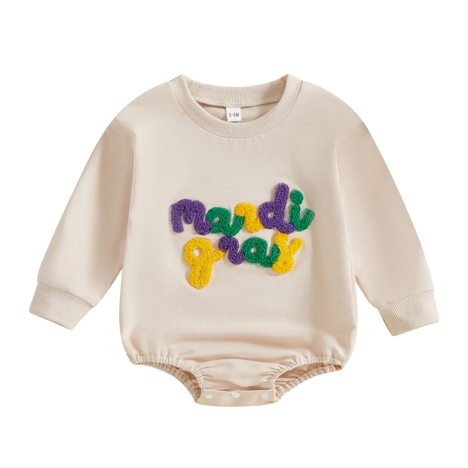 Baby Boy Girl Mardi Gras Romper Sweatshirt Letters Embroidered Bubble Onesie Fall Carnival Festival Holiday Outfit