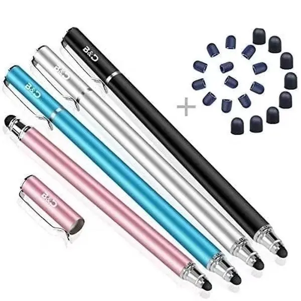 4-Pack Capacitive Metal Stylus Pens with Plastic Grip - 2-in-1 Dual Smooth Rubber Tip Touch Screen Accessories, 20 Replaceable Tips, Universal for Tablet, iPhone, Android Devices for Family Art, Reading