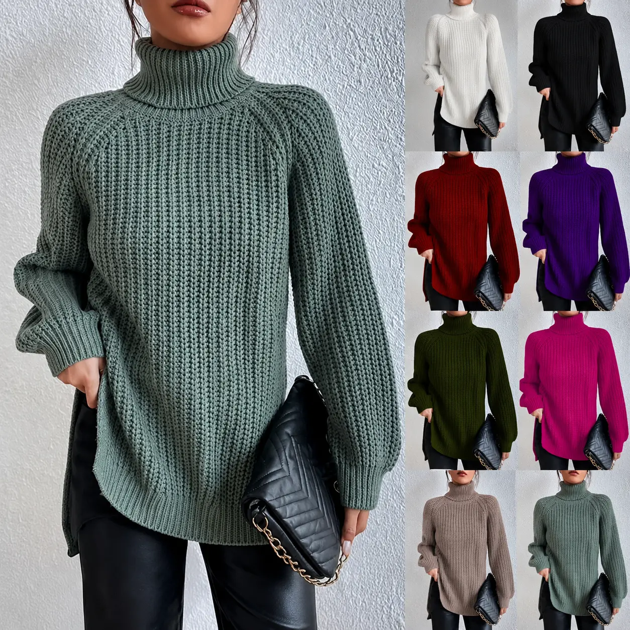 Women’s Soft Chunky Knit Turtleneck Sweater - Long Sleeve Garment with Raglan Sleeves, High Fold-Over Neck, Side Slits, Relaxed Fit Longline Pullover, Cozy Winter Tunic Top for Casual, Travel Wear (Knitwear, Skirts Pairing Compatible)