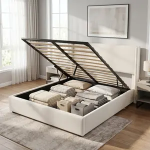 Full/KING/QUEEN Size Lift Up Storage Bed Frame with Hydraulic Gas Lift System Upholstered Corduroy Platform Bed Vertical Channel Wingback Headboard Space Saving Heavy Duty Wood Slats Support No Box Spring Needed Easy Assembly One Box