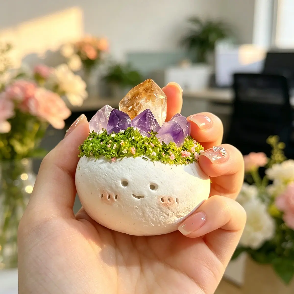Handcrafted Natural Raw Crystal Cube Figurine, Mixed Amethyst Citrine Healing Stone, Mini Tabletop Ornament, Home Decor