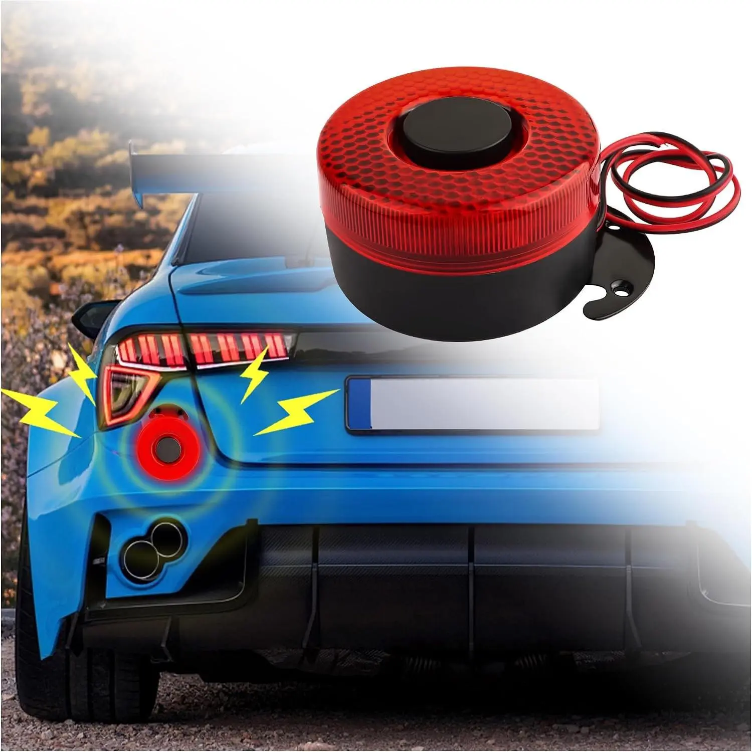 12V-24V Backup Car Alarm with Flashing LED Light, 105dB Back Up Alarm for Truck Car SUV, Universal Car Exterior Accessories with Alert Car Horn Replacement Bracket
