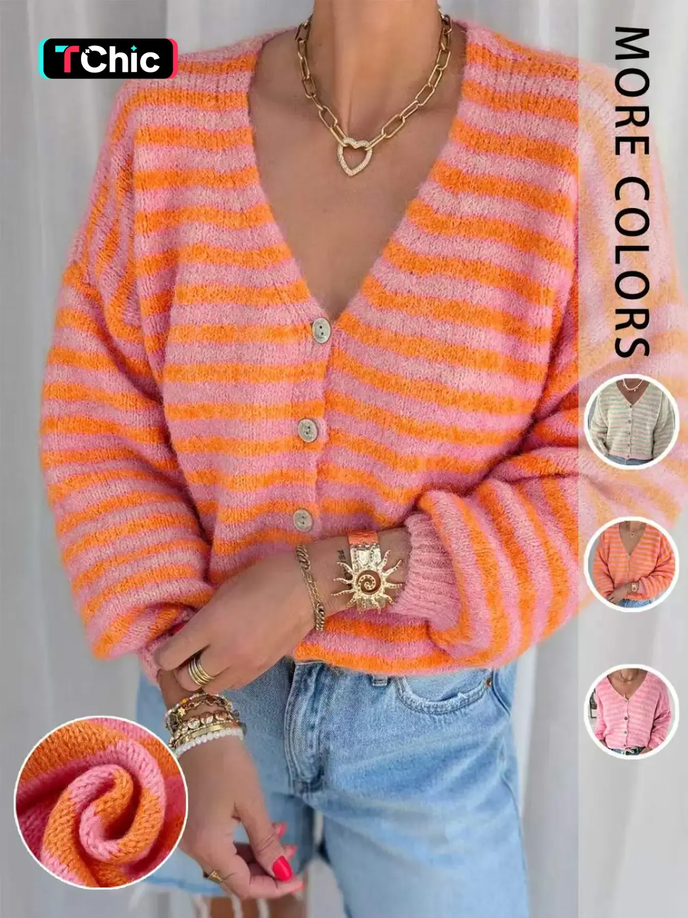 Women's Colorblock Striped Cute Knit Cardigan, Soft V Neck Long Sleeve Single Button Loose Knit Sweater Coat, Daily Commute Fashion Knitwear