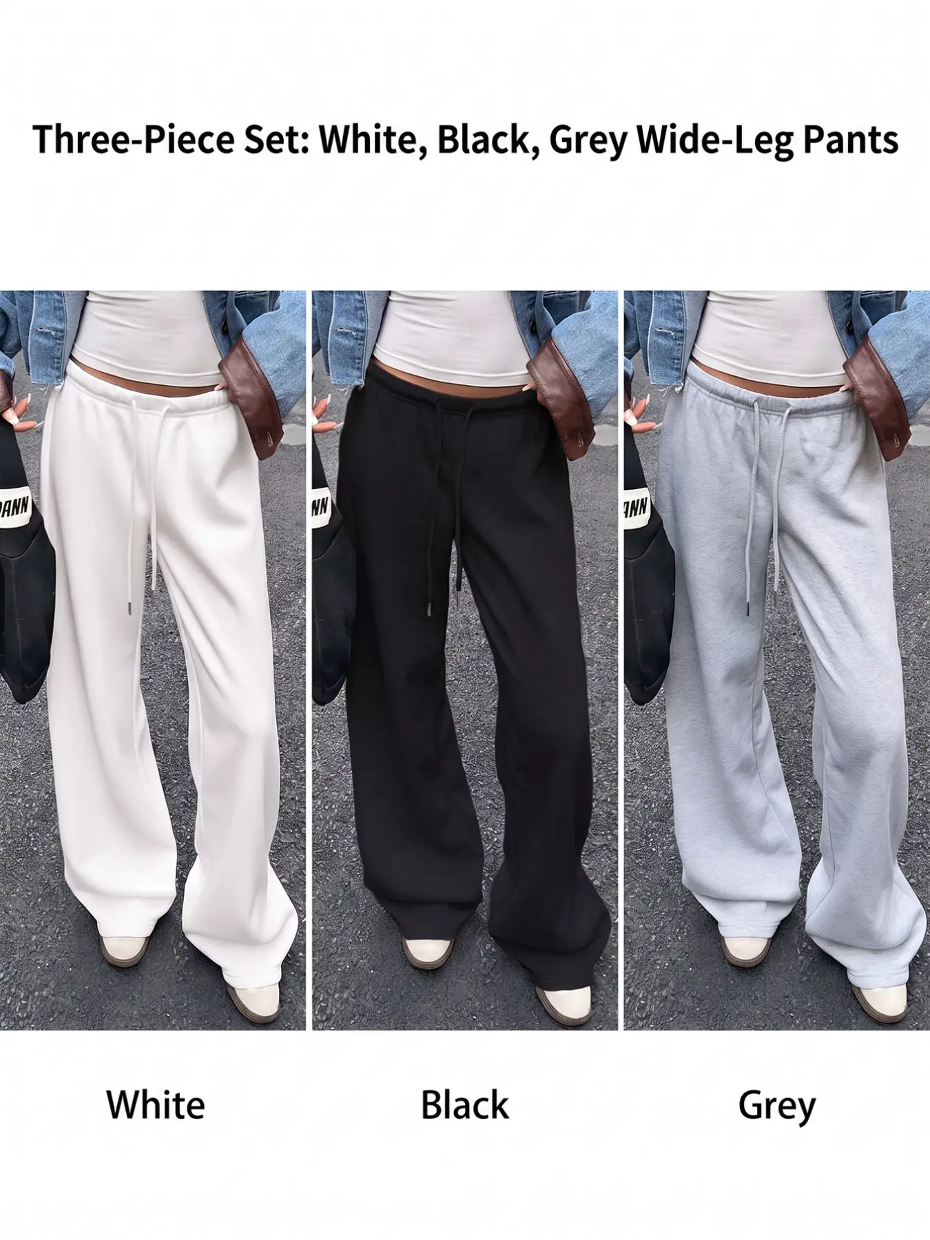 3 Pack Women Solid Color Wide Leg Sweatpants, White Black Grey Drawstring Elastic High Waist Loose Straight Casual Trousers, Soft Lounge Streetwear Basic Pants Multi Color Bundle, Casual Bottom