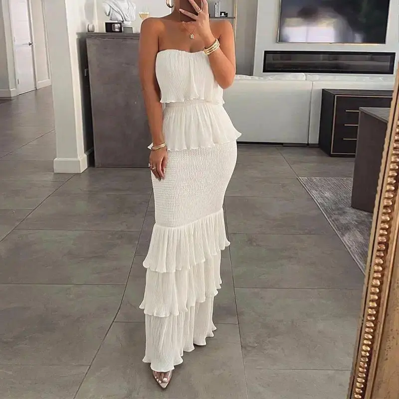 Women's Sleeveless Bandeau Wedding Guest Dress - Shirred, Ruffle Hem, Layered Sundress for Formal Occasions