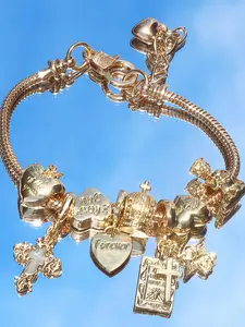 Attractive charm bracelet, lady's golden charm bracelet, cross-shaped Bible love heart crown angel pendant snake bone chain jewelry, personalized daily party accessory, retro street fashion, cross and heart charm, glowing diamond charm bracelet.