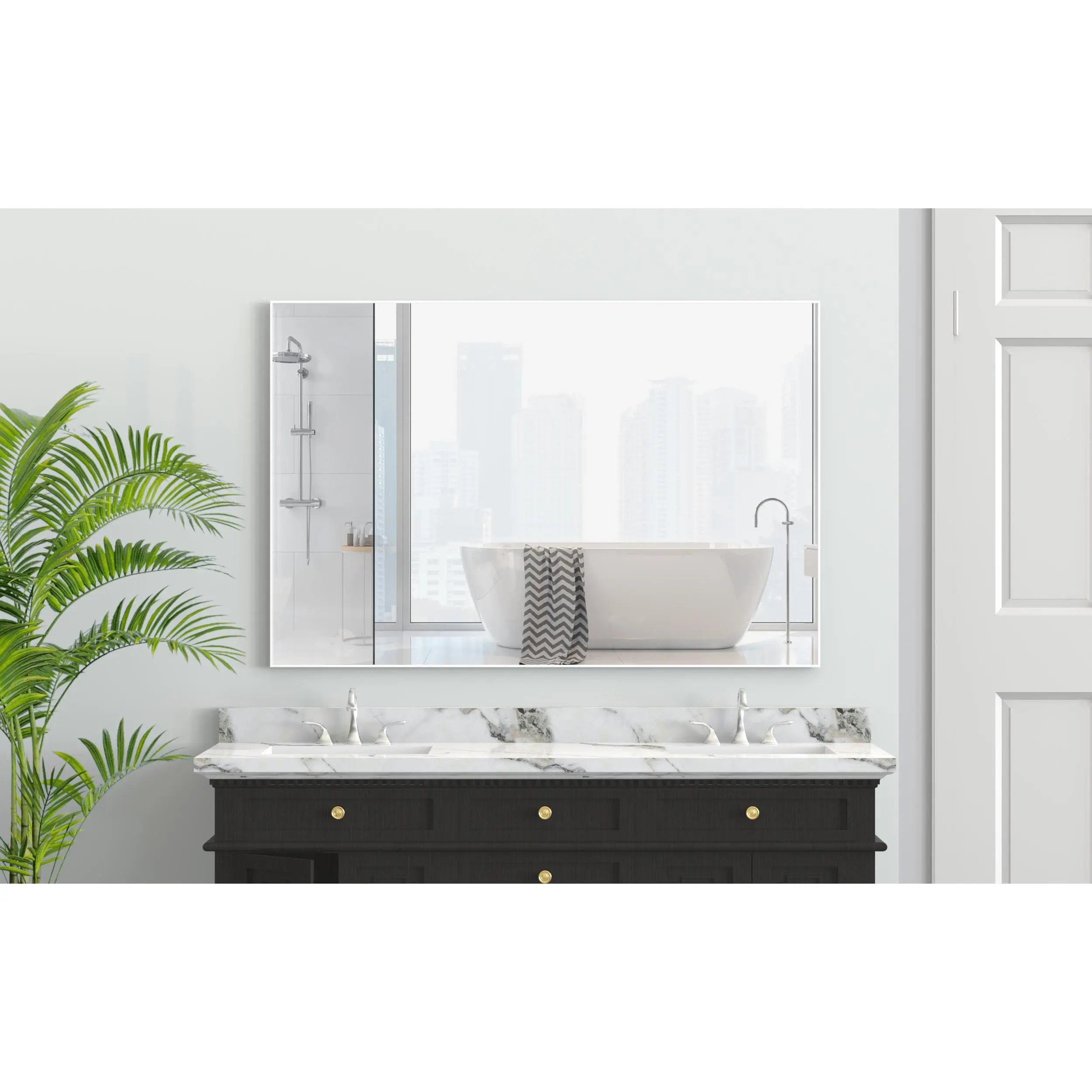 48x32 Inch Oversized Minimalist Design Bathroom Wall Mirror with White Aluminium Border, Durable Reflective Glass, Lightweight, Wall Hanging Mounting Option, Vertical/Horizontal for Bathroom, Living Room, 1 Pack Home Supply, Rectangle