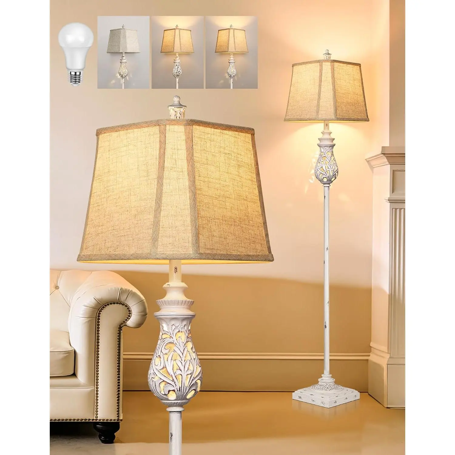 64-in Tall Vintage Floor Lamp with Built-in 3W LED Night Light, Rustic Farmhouse Standing Lamp with Warm White Bulb, Rotary Switch, Beige Linen Shade, Embossed Resin Base for Living Room, Bedroom Decor (Bulb Included)