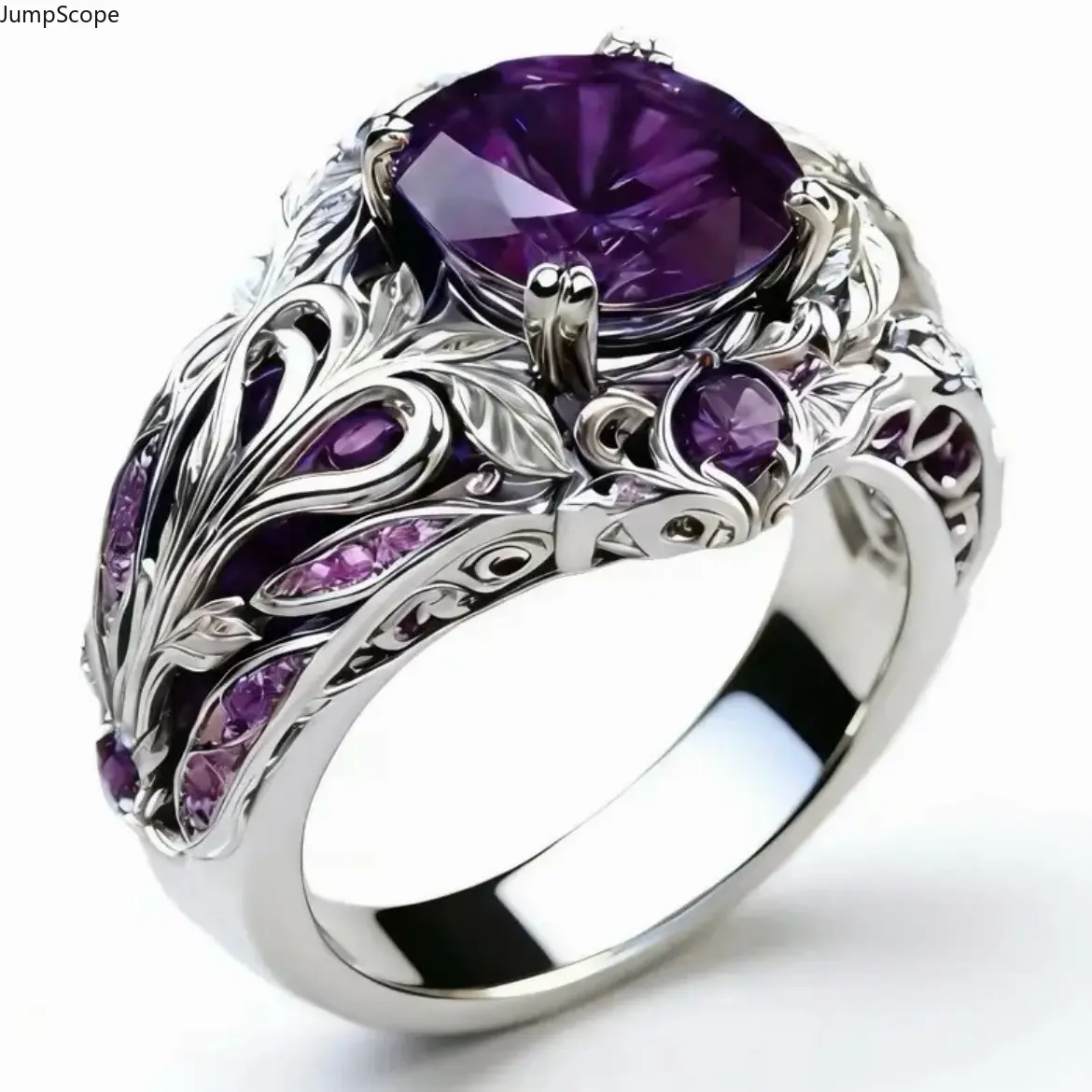 Women's White Gold-Plated Round Purple Amethyst CZ Ring - Vintage Ornate Floral Band with Peacock Leaf Hollow Filigree, Fantasy Wedding Anniversary Formal Gift, Purple Diamond Ring
