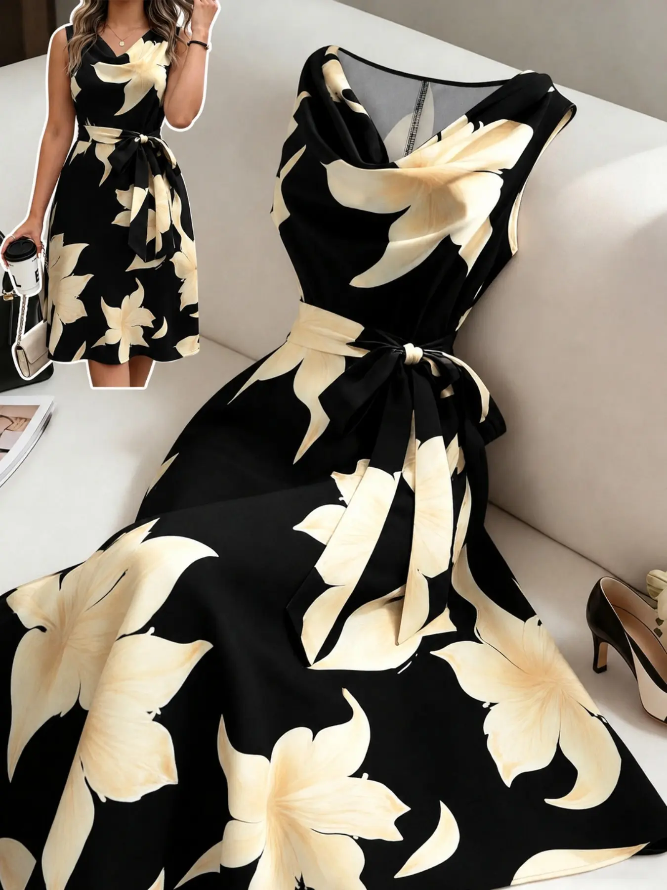 Women's Plus Size Floral Print Midi Dress, Cowl Neck Sleeveless Tie Waist A-Line, Flattering Curvy Fit, Vintage Old Money Style for Wedding Guest, Party & Formal Occasions, Calla Lily Flower Dress
