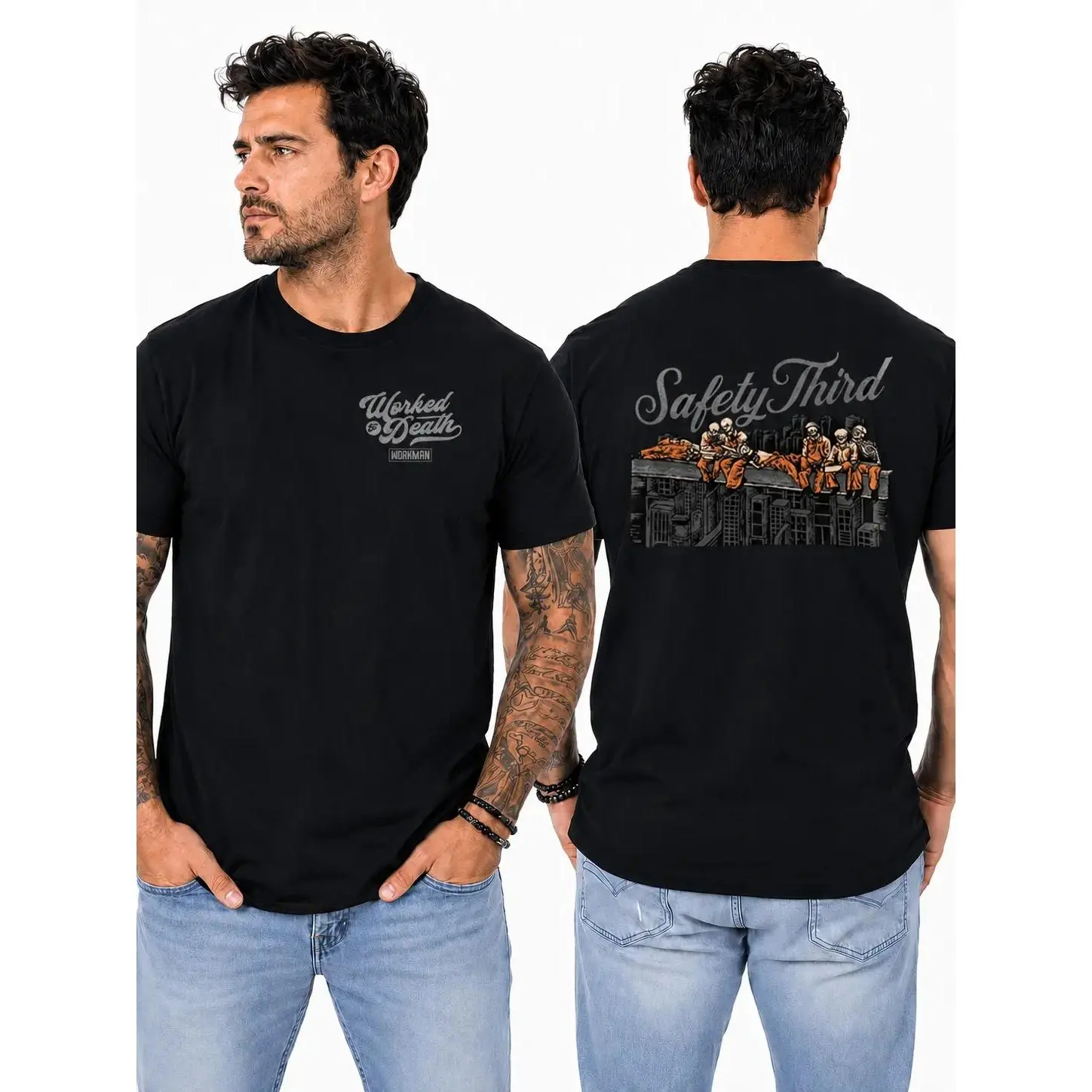 Shortsleeve Casual Round Neck Ironworker Safety T-Shirt - Skeleton Construction Crew on Steel Beam Graphic, Blue Collar Top for High-Rise Builders, Gift for Skilled Tradesmen, Tshirt