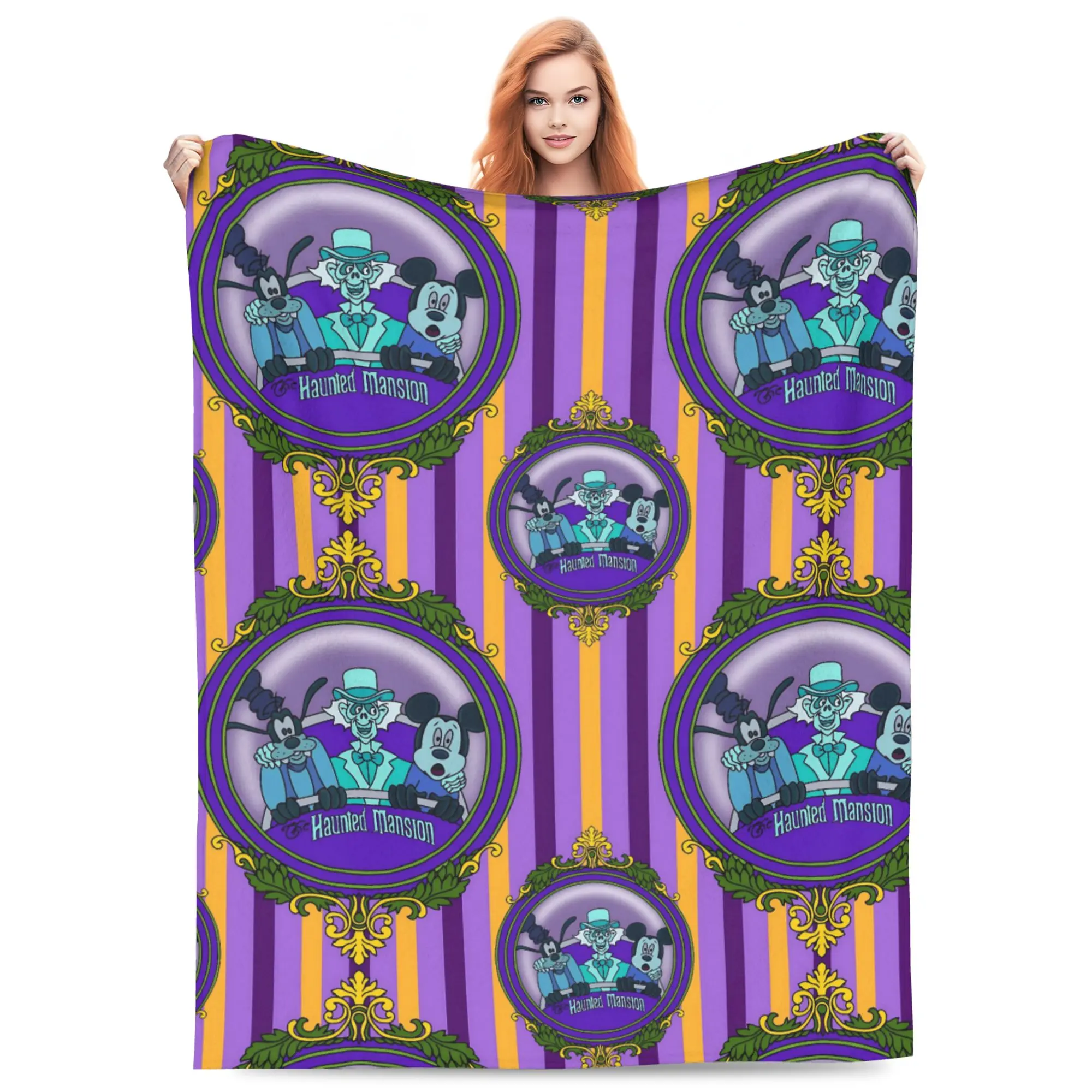 DISNEY CLASSIC Haunted Mansion Mickey Trio Striped Throw Blanket, Mickey Goofy & Ghost Host Oval Frame Emblem Purple Gold Vertical Stripe Laurel Ornament Repeating Pattern Flannel Fleece Blanket, unique decor for Disney Haunted Mansion fans.