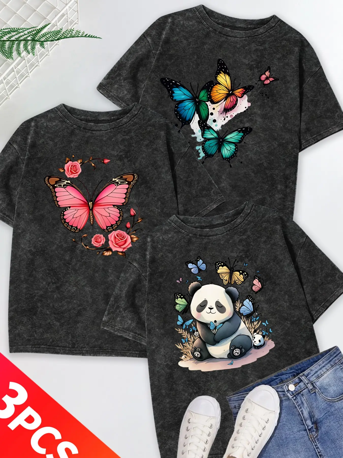 3PCS Women's Crew Neck Tee, Butterfly & Panda Print, multi-color, washable, soft summer top