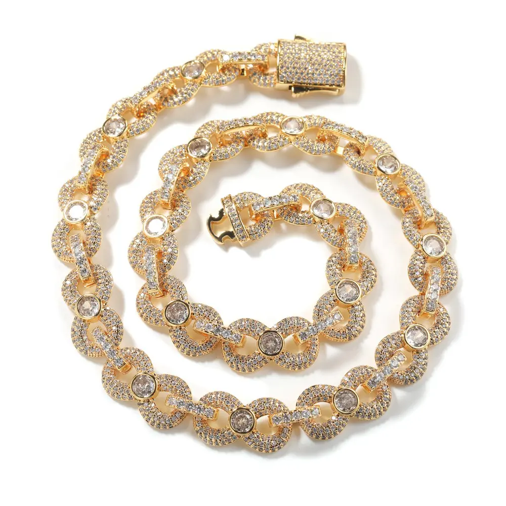 Unisex 8-Link Iced-Out Cuban Necklace or Bracelet, Brass with Micro-Paved Cubic Zirconia, Hip Hop Bling for Party & Daily Wear, Costume Jewelry Accessory (brass+zircon)