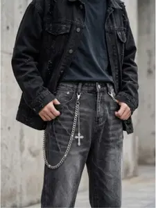 Barbed Wire Cross Pants Chain, Women's Punk Hip Hop Metal Jean Chain with Ornate Cross Pendant, Single Layer Silver Tone Waist Chain Accessory