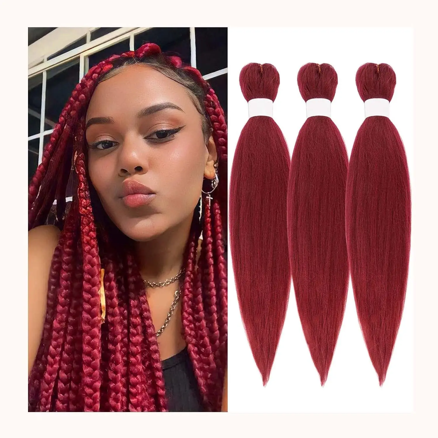 Pre Stretched Braiding Hair Pre Stretched Red Hair for Braiding Colors Professional Hair Extensions 3 count Red Crochet Hair for Women Yaki Braiding Hair 26 Inches (#900 Burgundy Red)