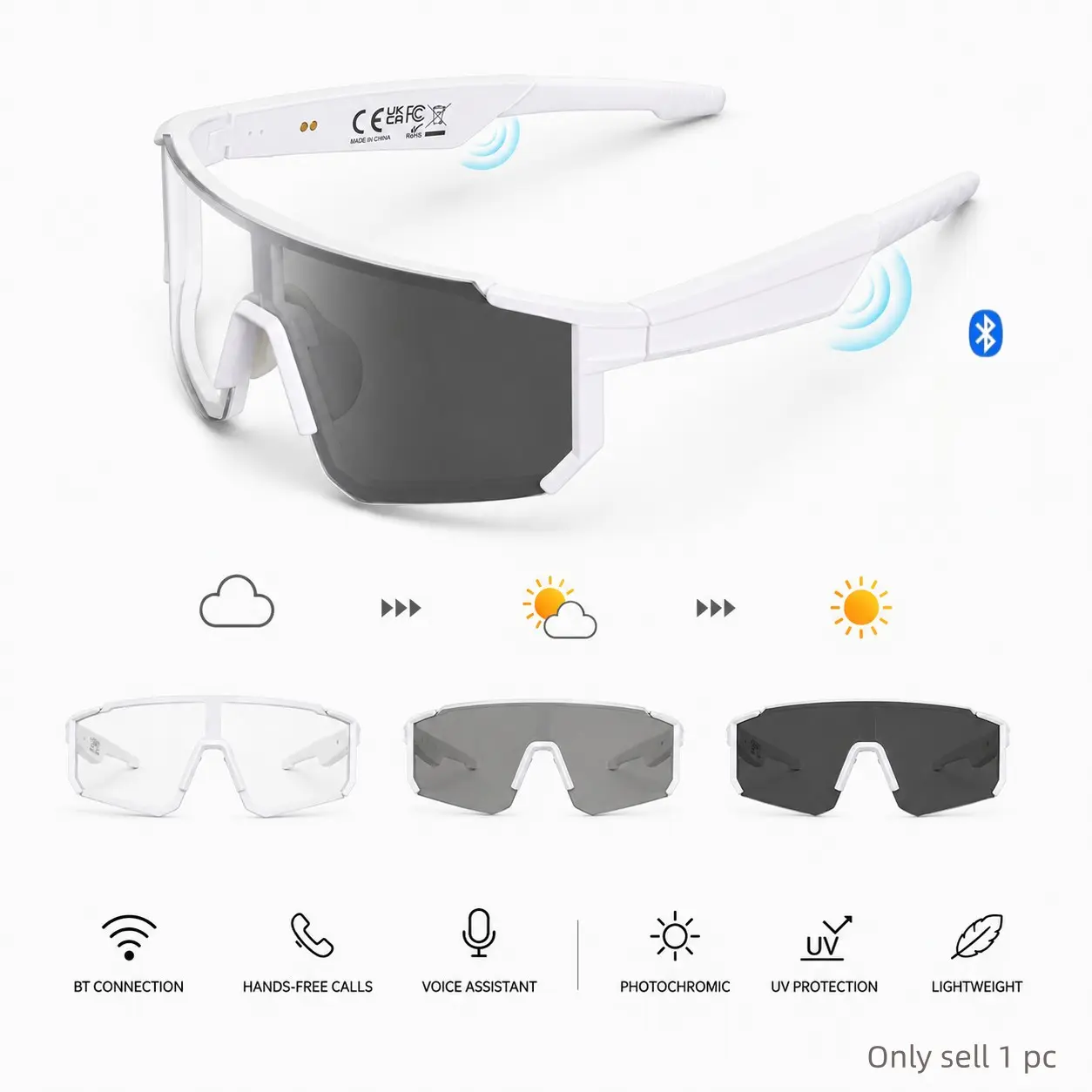 Bluetooth Photochromic Sports Sunglasses, Open-Ear Audio Cycling Glasses with Mic, Hands-Free Calling, Voice Assistant and UV400 Eye Protection for Outdoor Activities, Wireless Headphone Glasses