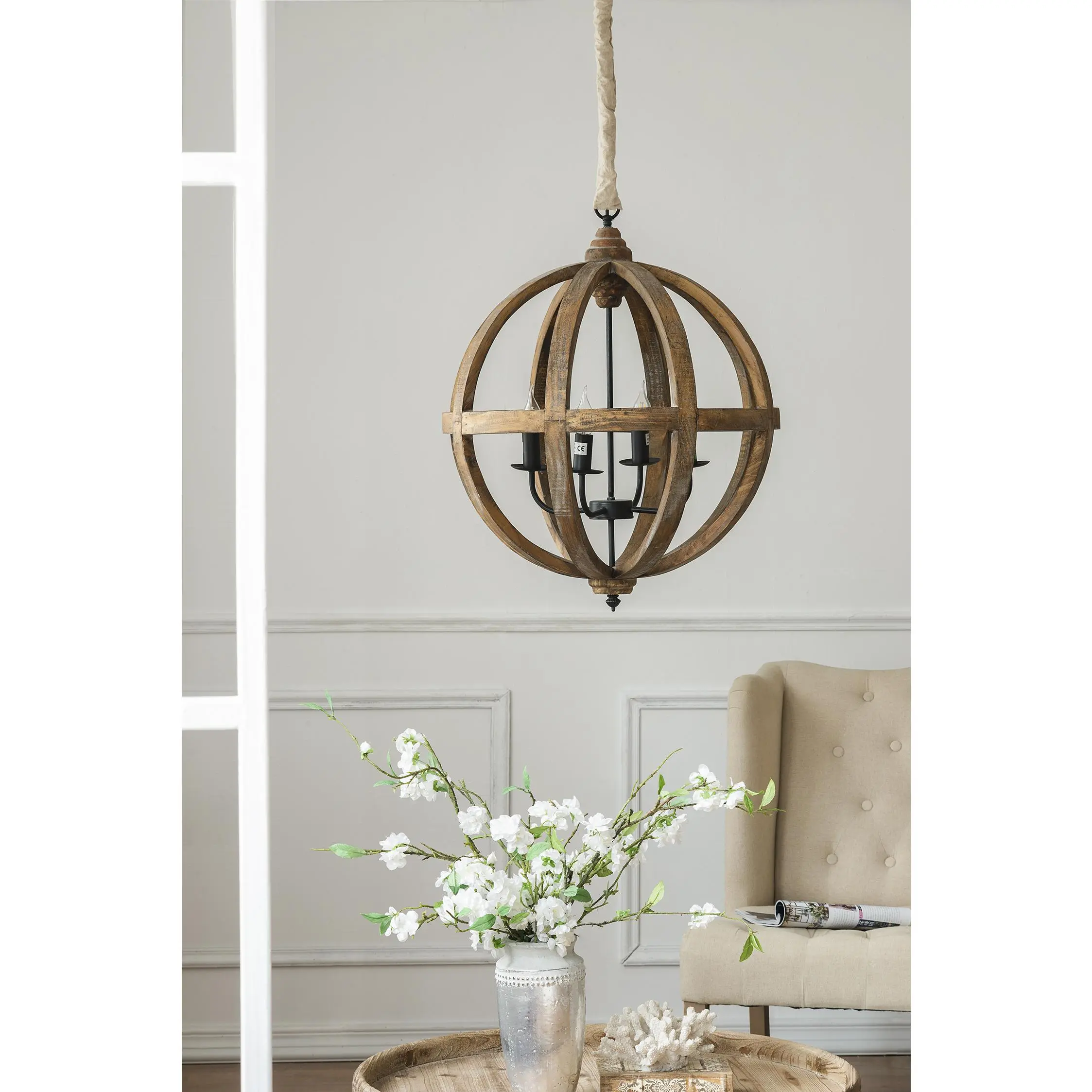 Farmhouse Style Home 4-Light Natural Wood Chandelier - Rustic Farmhouse Decor Adjustable Chain Hanging Light Fixture, Indoor Ceiling Lantern Pendant for Kitchen, Entryways - Bulbs Not Included, Chandeliers