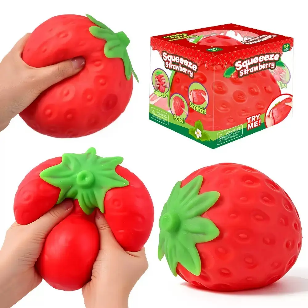 Toymendos Strawberry Shaped Stress-Relief Squeeze Toy, Large 5-Inch Soft Squishy Fidget Ball for Adults, Fruit-Scented Sensory Toy, Non-Toxic Material