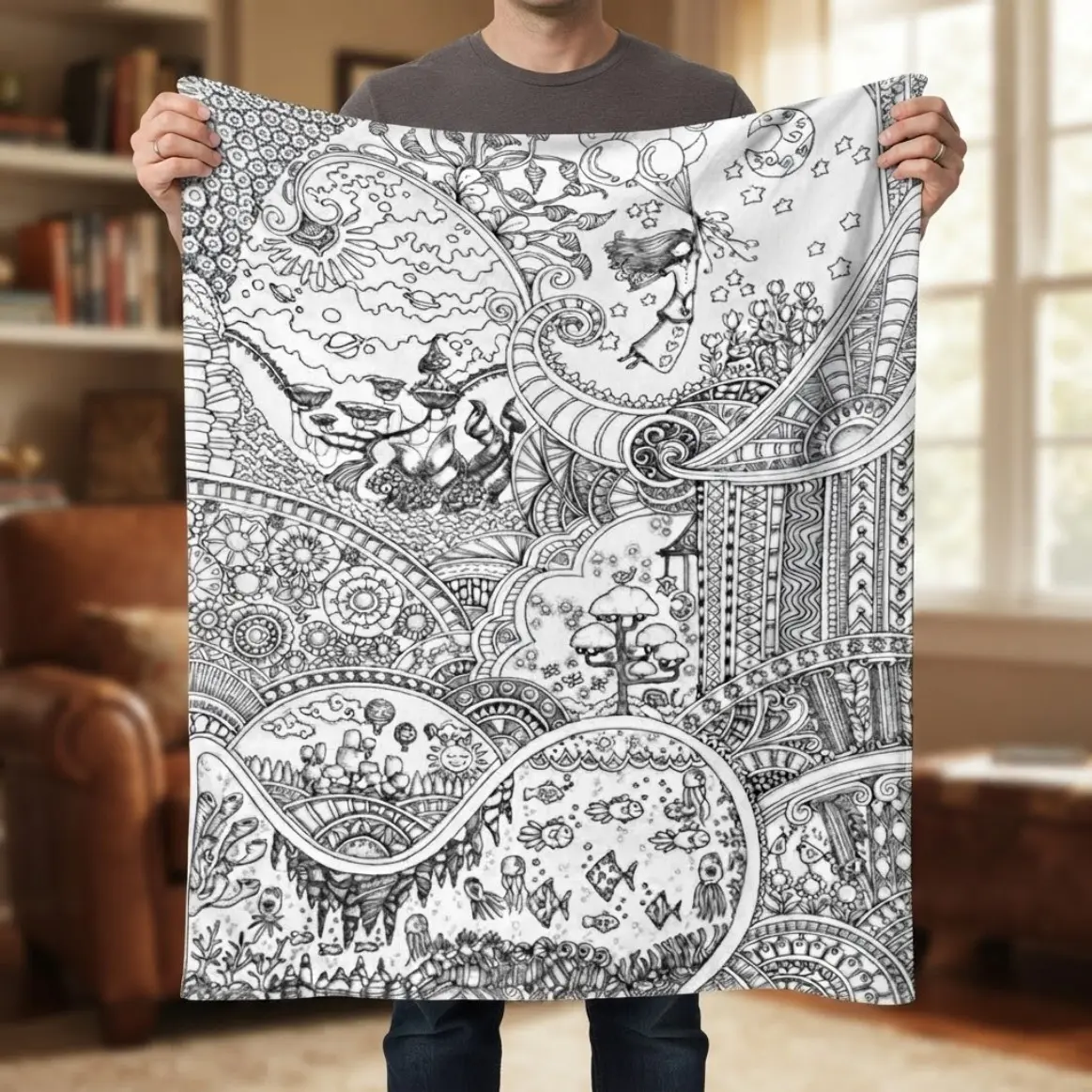 Boho Coloring Book Style Blanket, Soft Flannel Throw Blanket For Adults And Kids, Black White Doodle Landscape Mandala Print, Cozy Gift For Artists Teens And Girls, Aesthetic Room Decor For Bed Couch Sofa Dorm, Relaxing Art Blanket For Movie Night