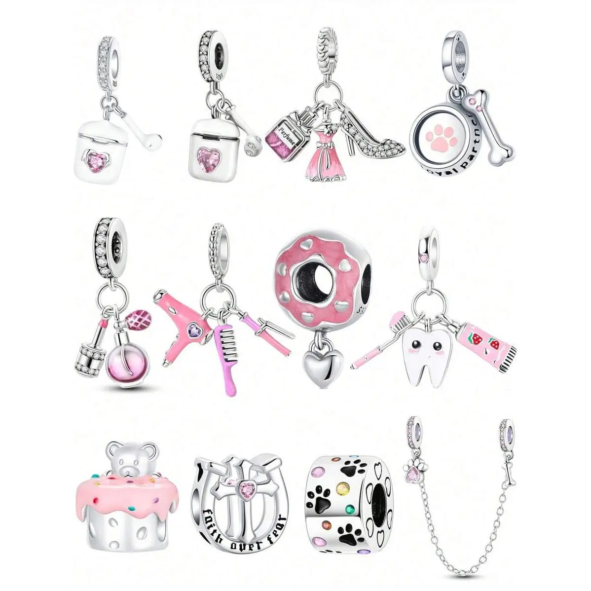 Silver Plated Charm Headphone Toothbrush Perfume Bear Cake Comb Cross Pink Series Chain Charm Pendant Ball Suitable For Bracelets DIY Women's Jewelry