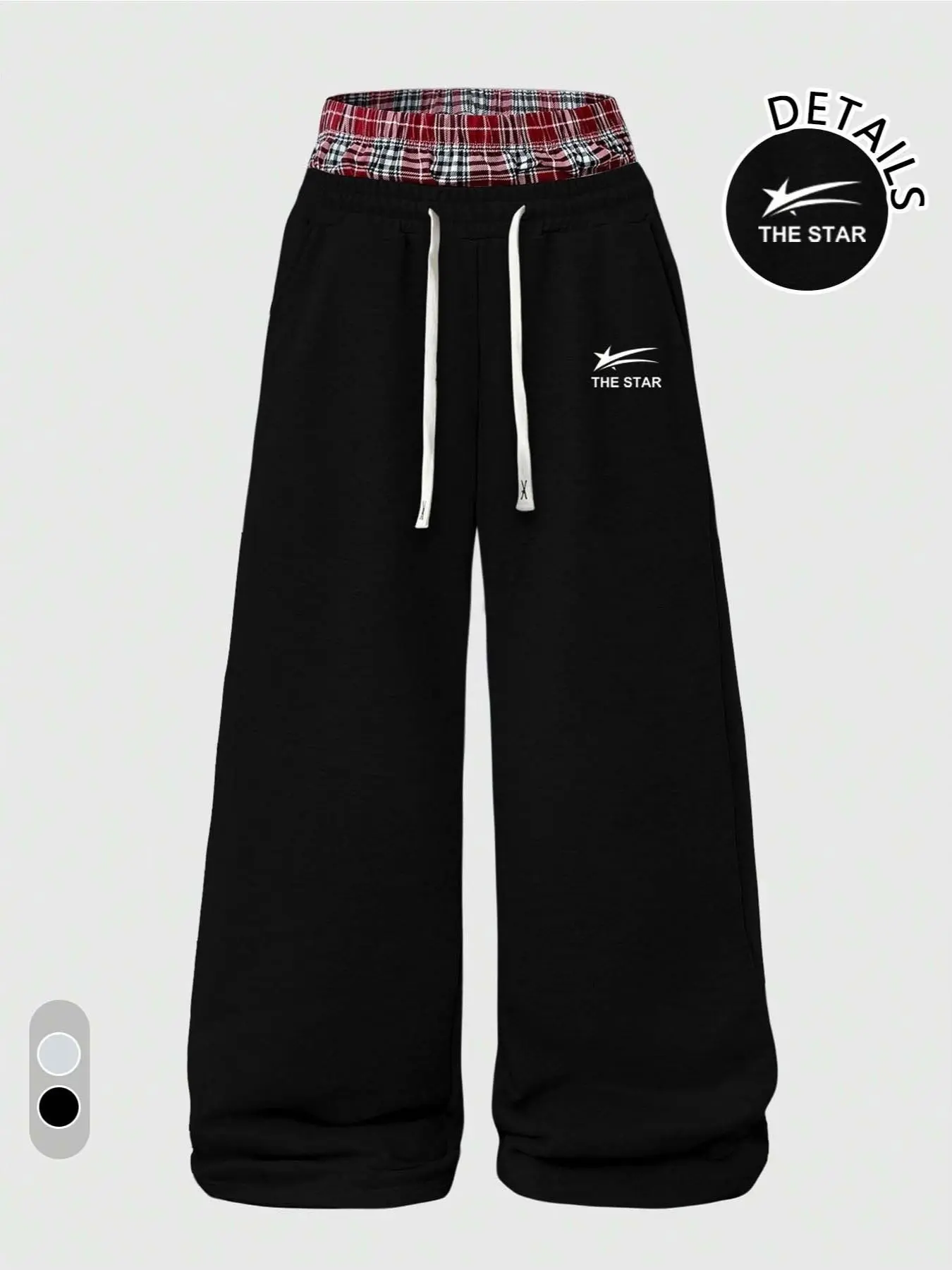 Unisex Plaid Layered Waist Wide Leg Sweatpants, Star Logo Drawstring Casual Baggy Streetwear Trousers