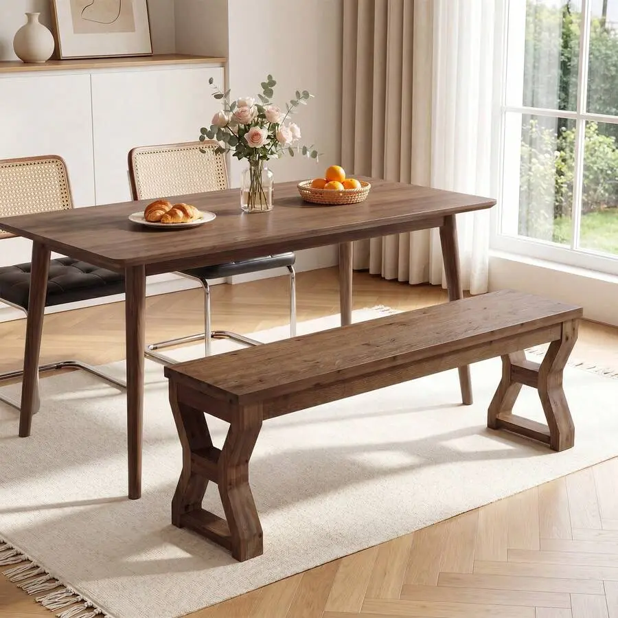 55-Inch Solid Wood Dining Bench With Sturdy X-Legs (1)| Farmhouse Bench Seat, Narrow Long Bench With X-Shape Legs Dining Room, Apartment, Small Spaces, Walnut Brown