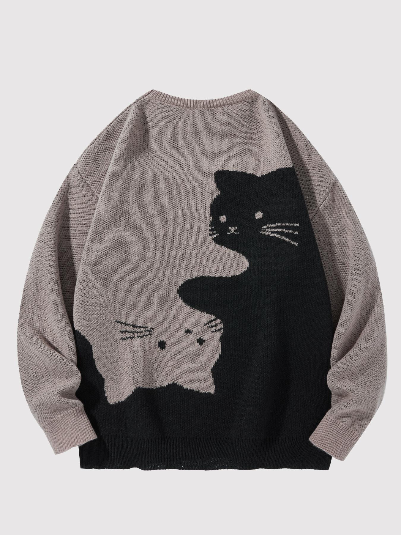 Men's Cute Baggy Cat Print Knit Pullover - College-Style Round Neck Long Sleeve Polyester Sweater for Autumn Winter Casual Wear, Boyfriend Birthday Gift, Oversized Loose Mens Top to Match Jeans