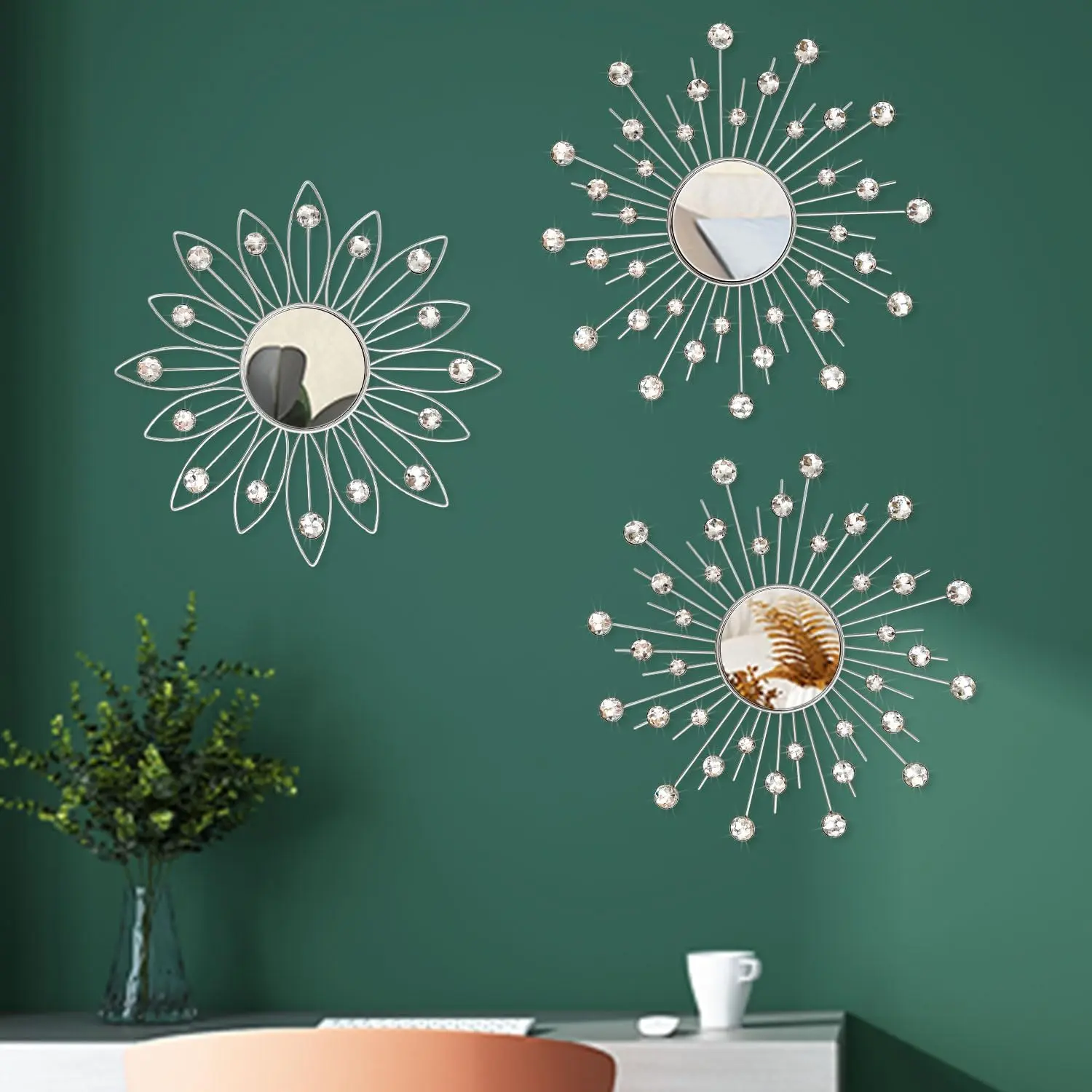 Uaussi 3 Pack Crystal Sunburst Wall Mirror Décor Rhinestone Mirrors Decorative Home Wall Art for Living Room Bedroom Entryway(Flower+Sunburst Silver)